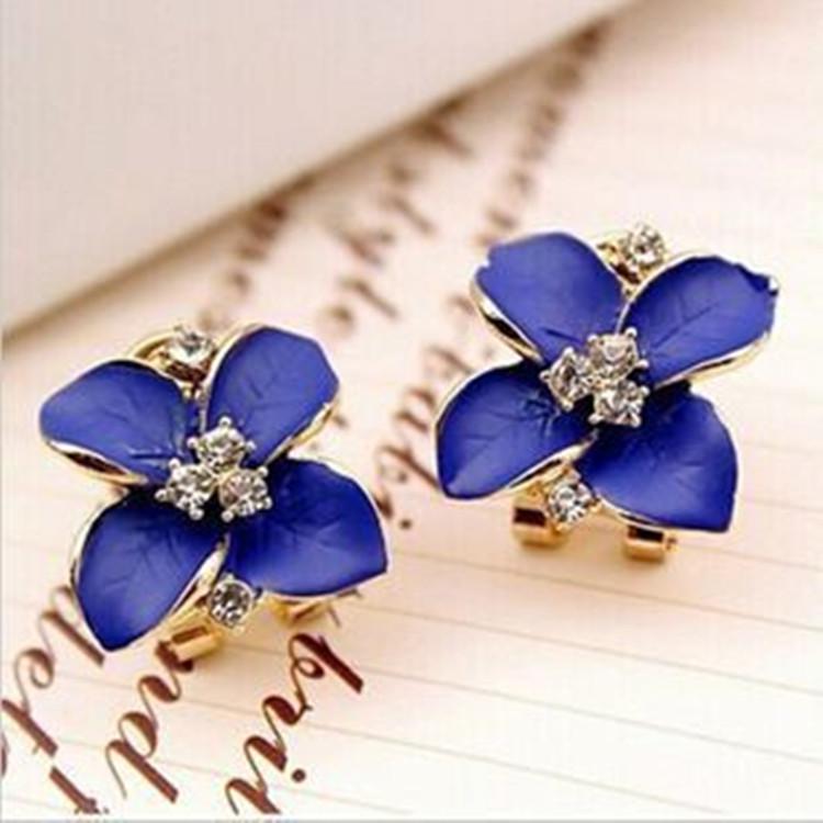 Korean Camellia Earrings: Royal Blue, Three-Dimensional Frosted Clips for Women