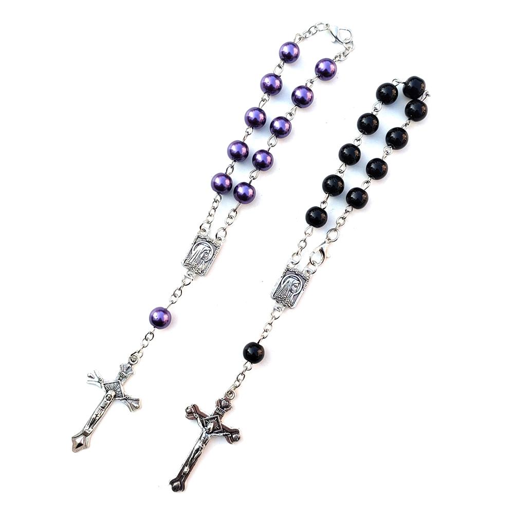 QIGO Car Rosary  One Decade Imitation Pearl Glass Beads Cross Pendant Bracelets For Men Women