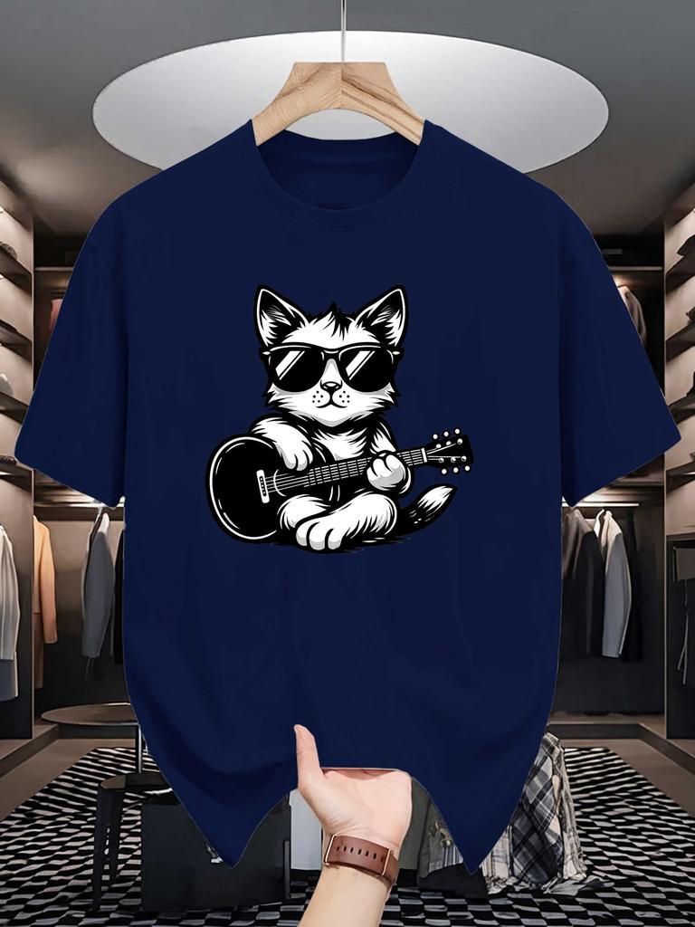 Unisexs Crew Neck T Shirt Hip Cat Sunglasses Play Guitar Rock Music Cartoon Graphic Short Sleeve Casual Cotton Street Tees