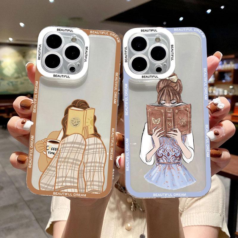 Read Book And Coffee Girl Clear Phone Case Cute Cover for iphone 13 14 12 11 Pro Max 7 8 Plus SE2 X XS XR Transparent Back Cover