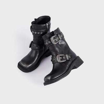 Autumn and Winter New Women's Coarse Heel Short Boots Square Head Belt Buckle Side Zipper Knight Boots Fashion Motorcycle Boots