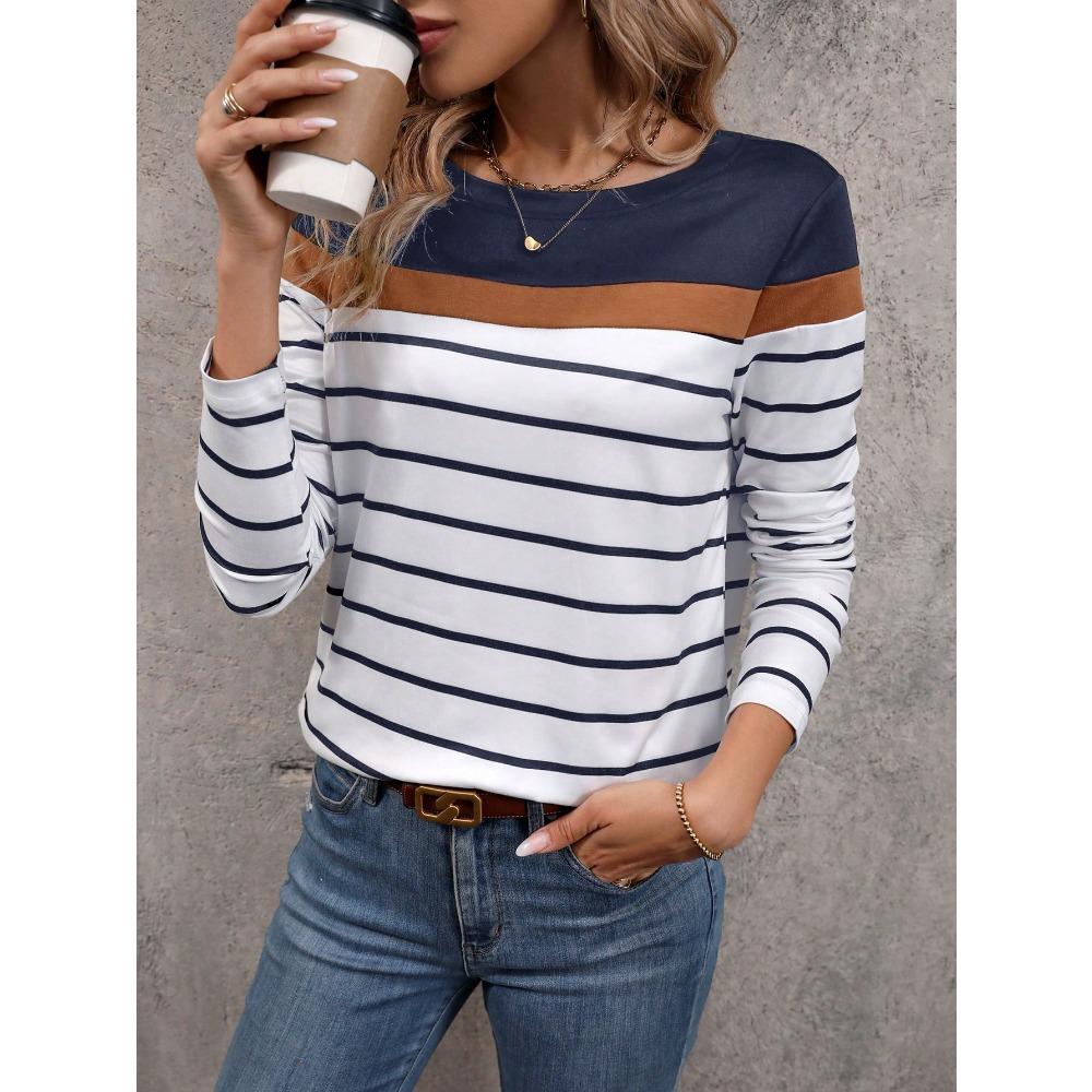 Women's 3D striped printed fashionable long sleeved round neck