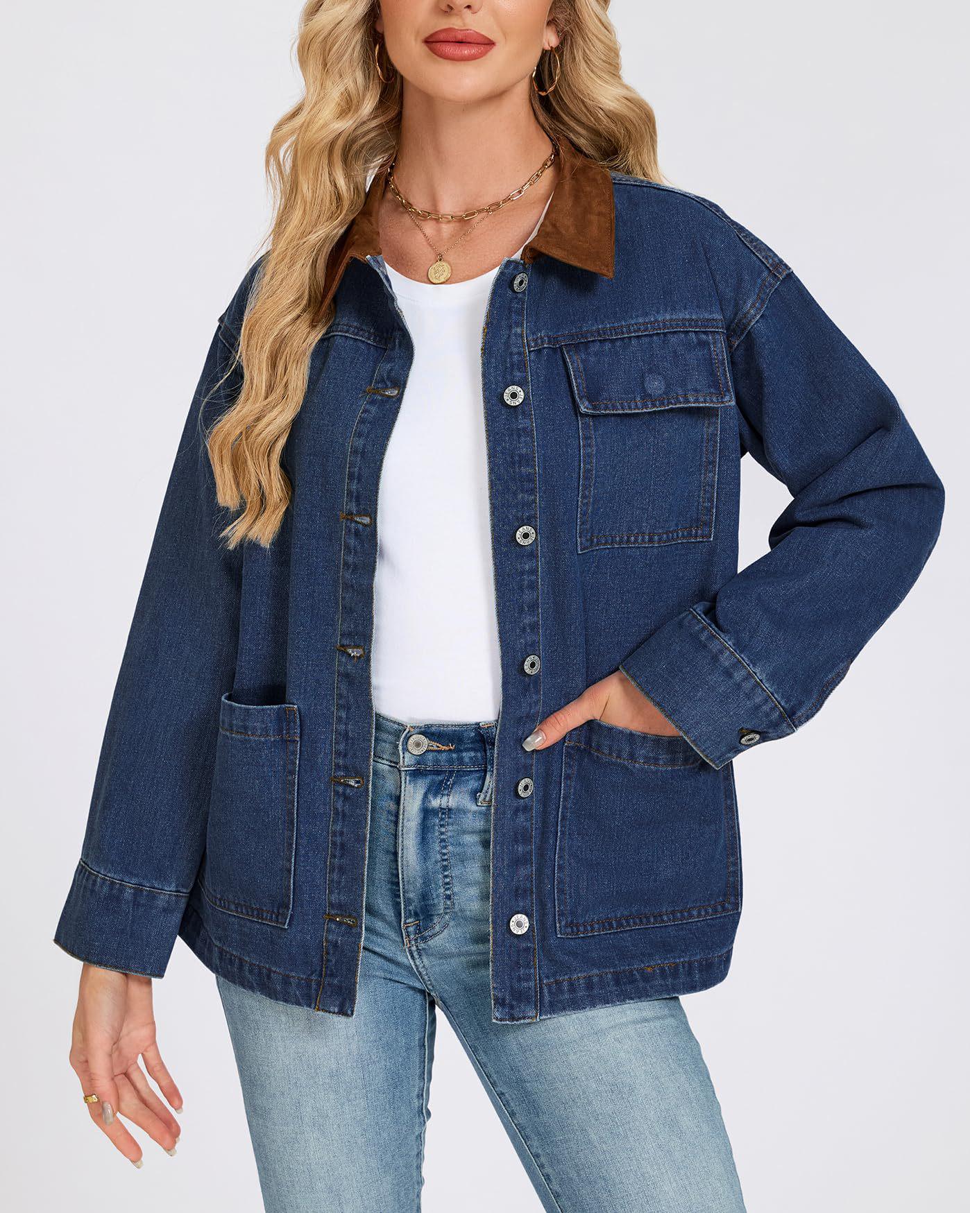 

Women s 2026 Patchwork Collar Denim Jacket L