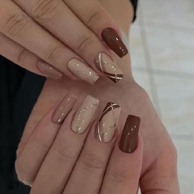 24 Pcs Grid Stick On Nail Glossy False Nail Ballerinas Press On Nail Glittering Artificial Acrylic Nail