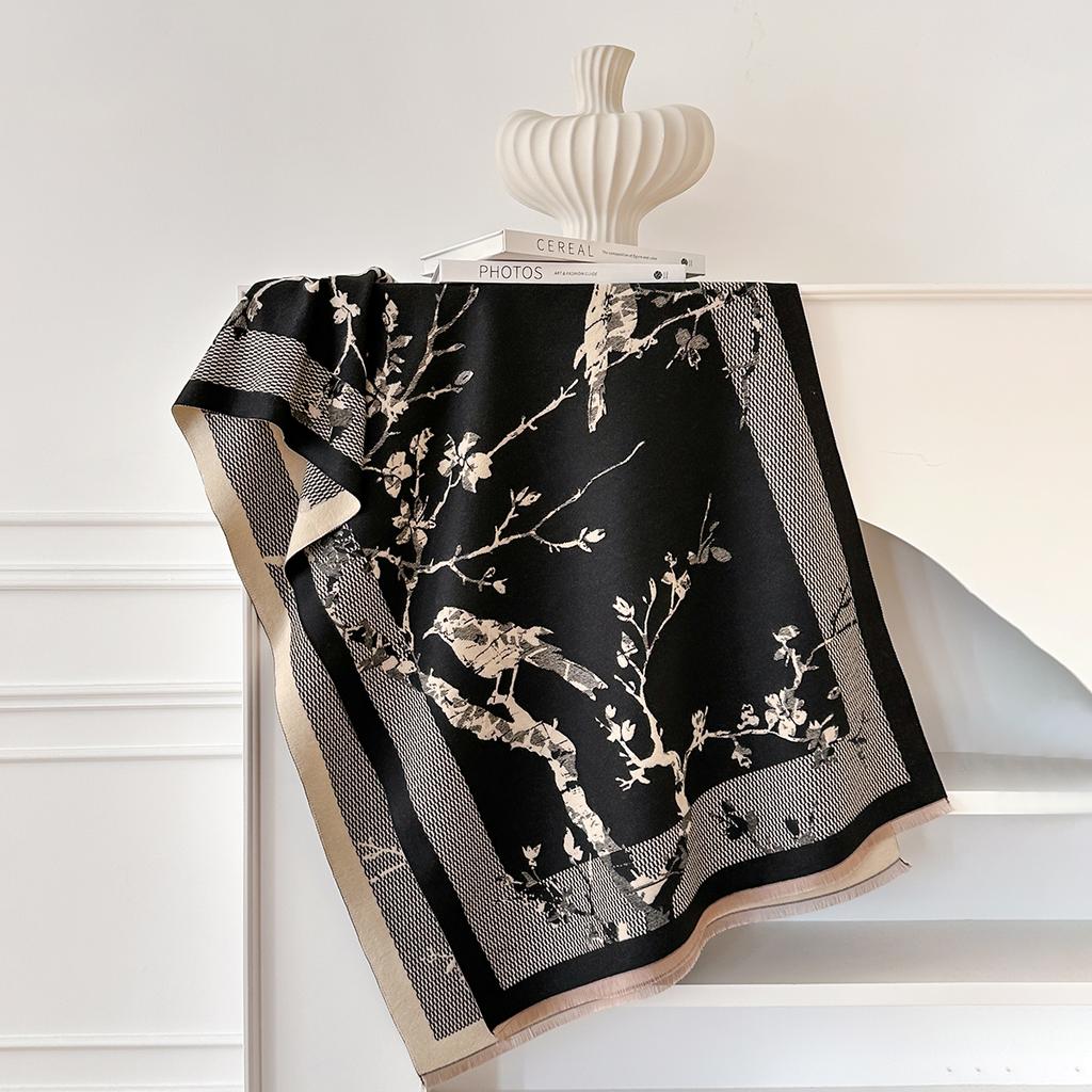 Luxury Bird Branch Print Scarves for Women Warmer Winter Imitation Cashmere Pashmina Shawls Female Thick Blanket Wraps Scraf