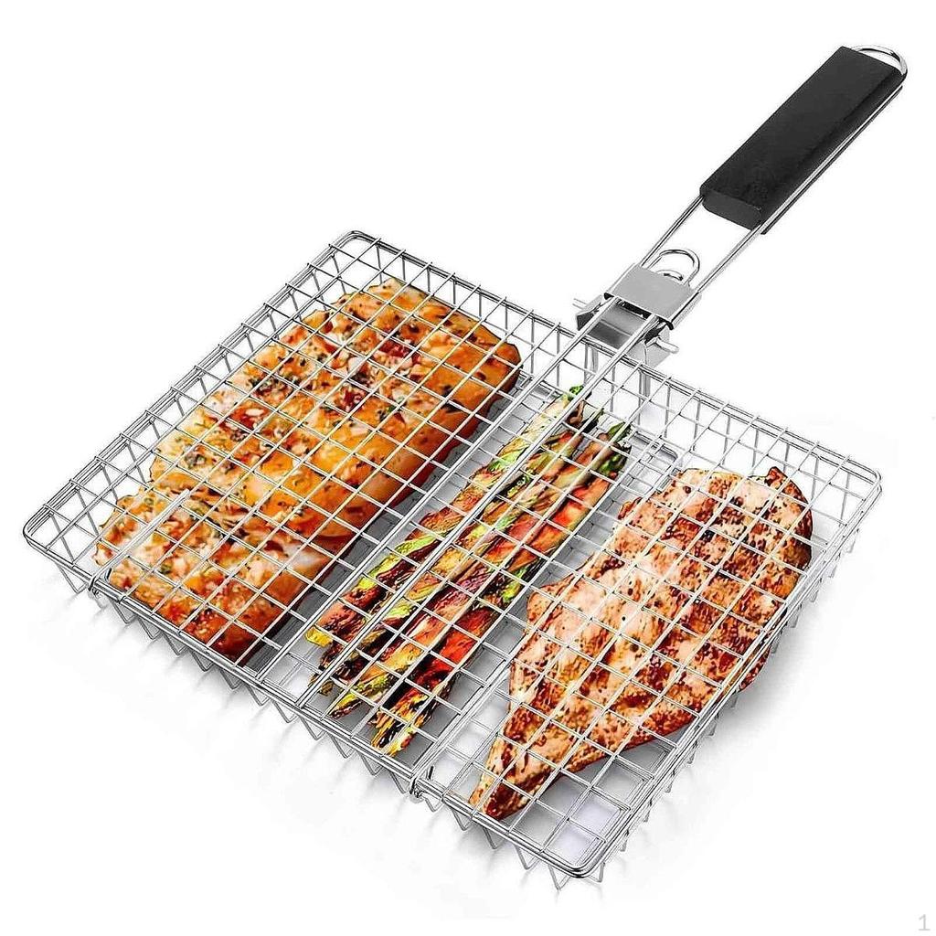Grill Basket Net BBQ Tool Havy Duty Portable with Removable Handle Stainless Steel for Patio Outdoor