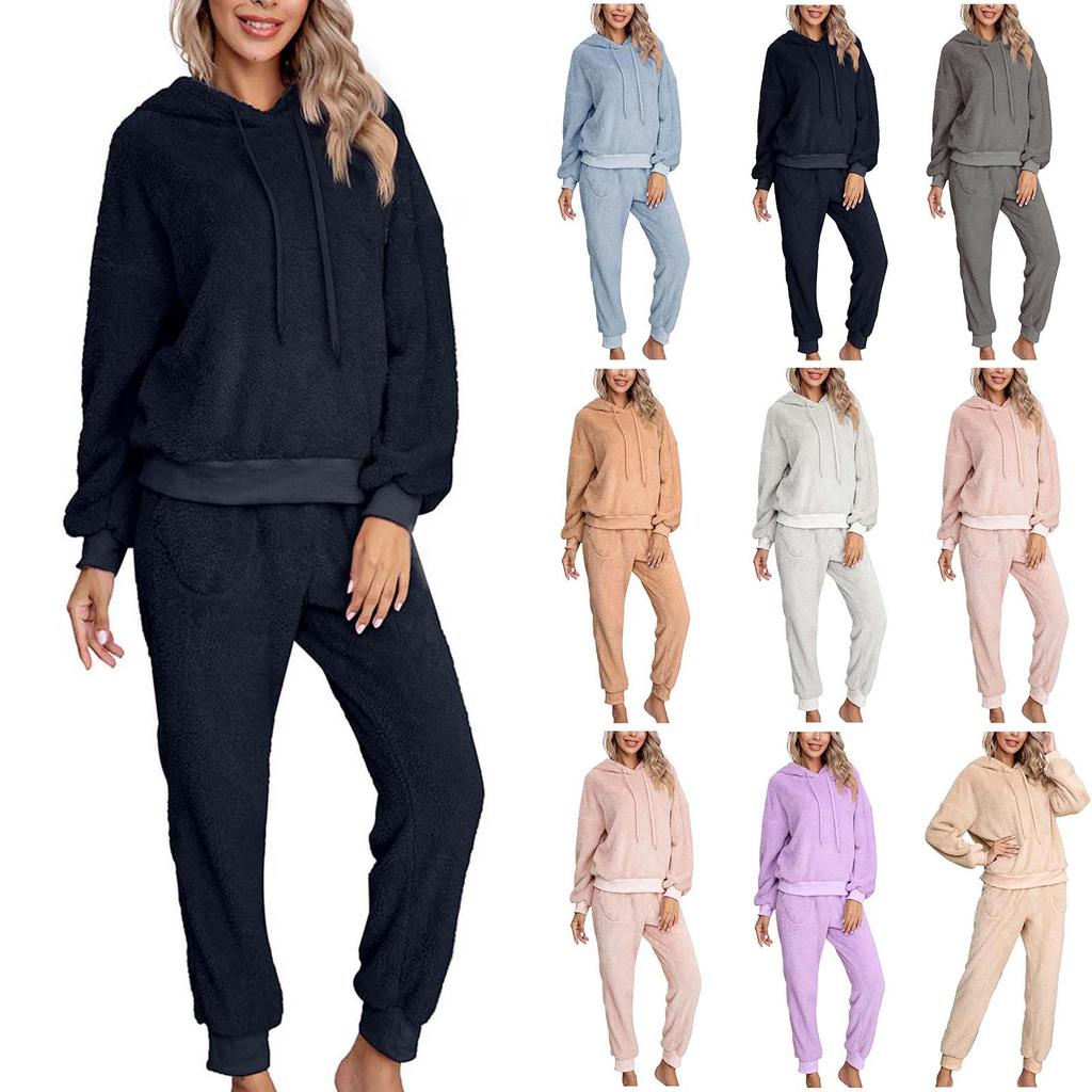 Women's Solid Colour Loose Casual Reversible Fleece Hooded Sweatshirt Home Wear Fashion Set