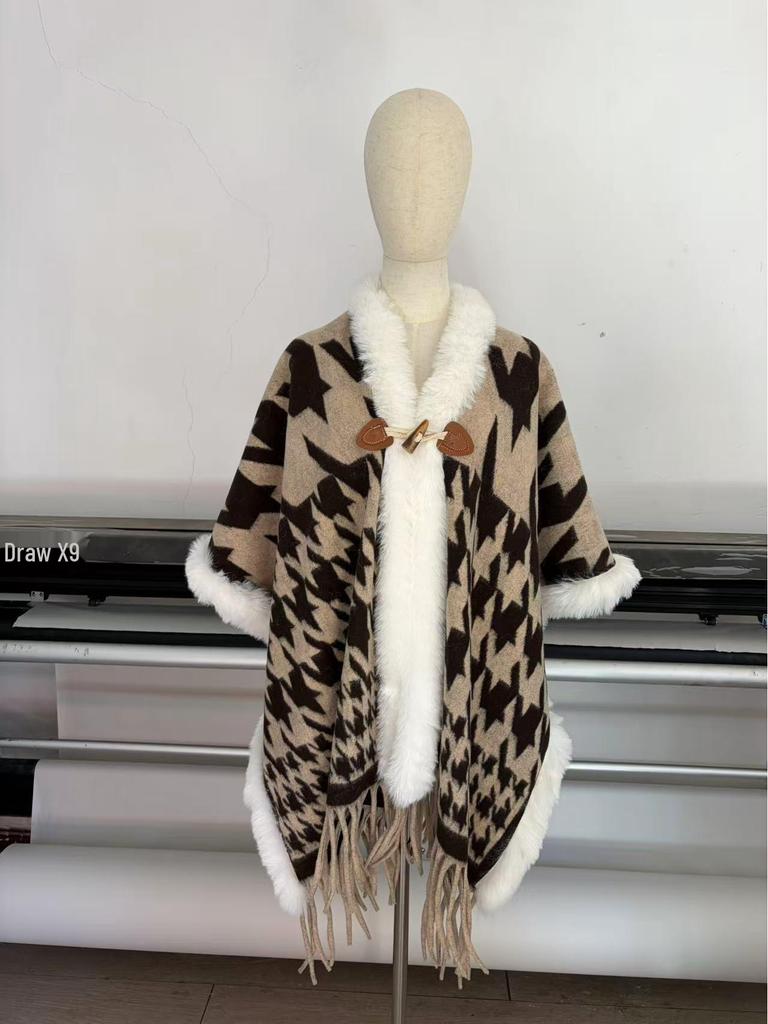 Elegant Women's Floral Ink Wash Shawl - Soft Cashmere Feel, Tassel Detail Cape