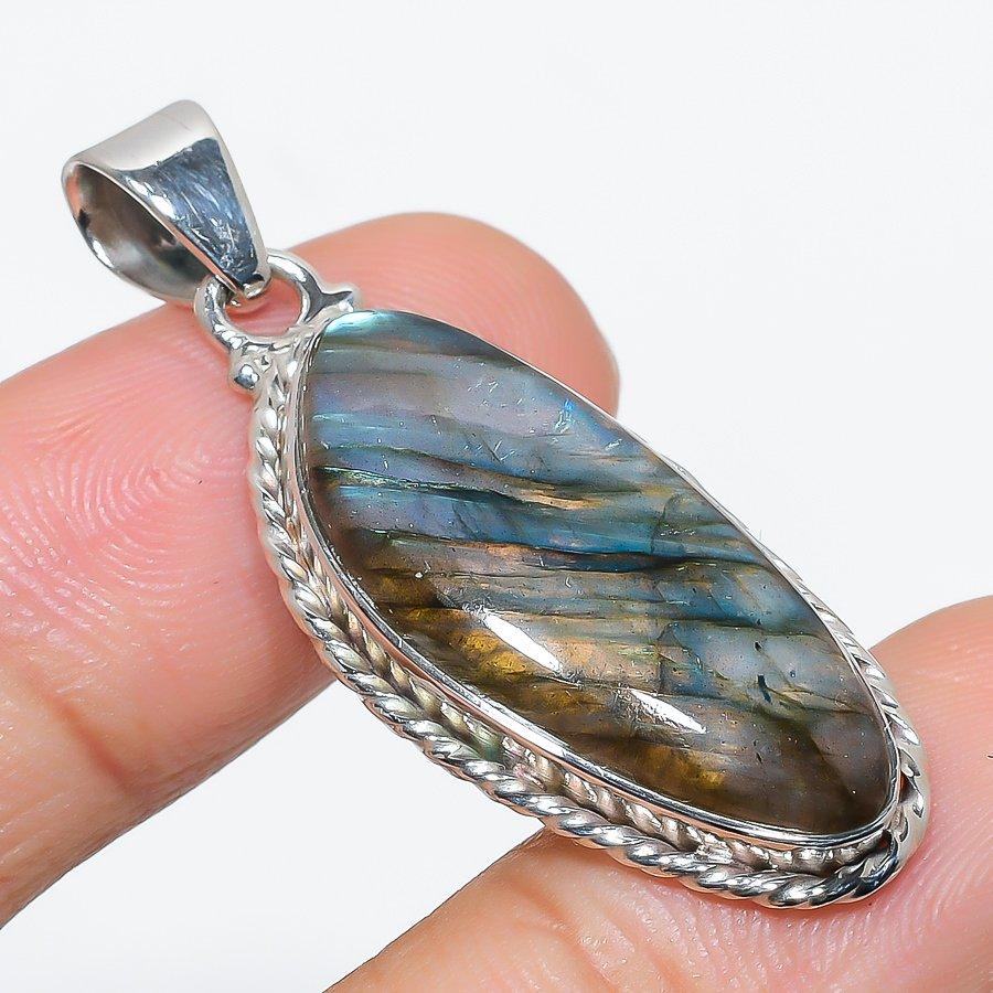 Natural Labradorite Gemstone 925 Solid Sterling Silver Gift Pendant 1.75" Y9s10