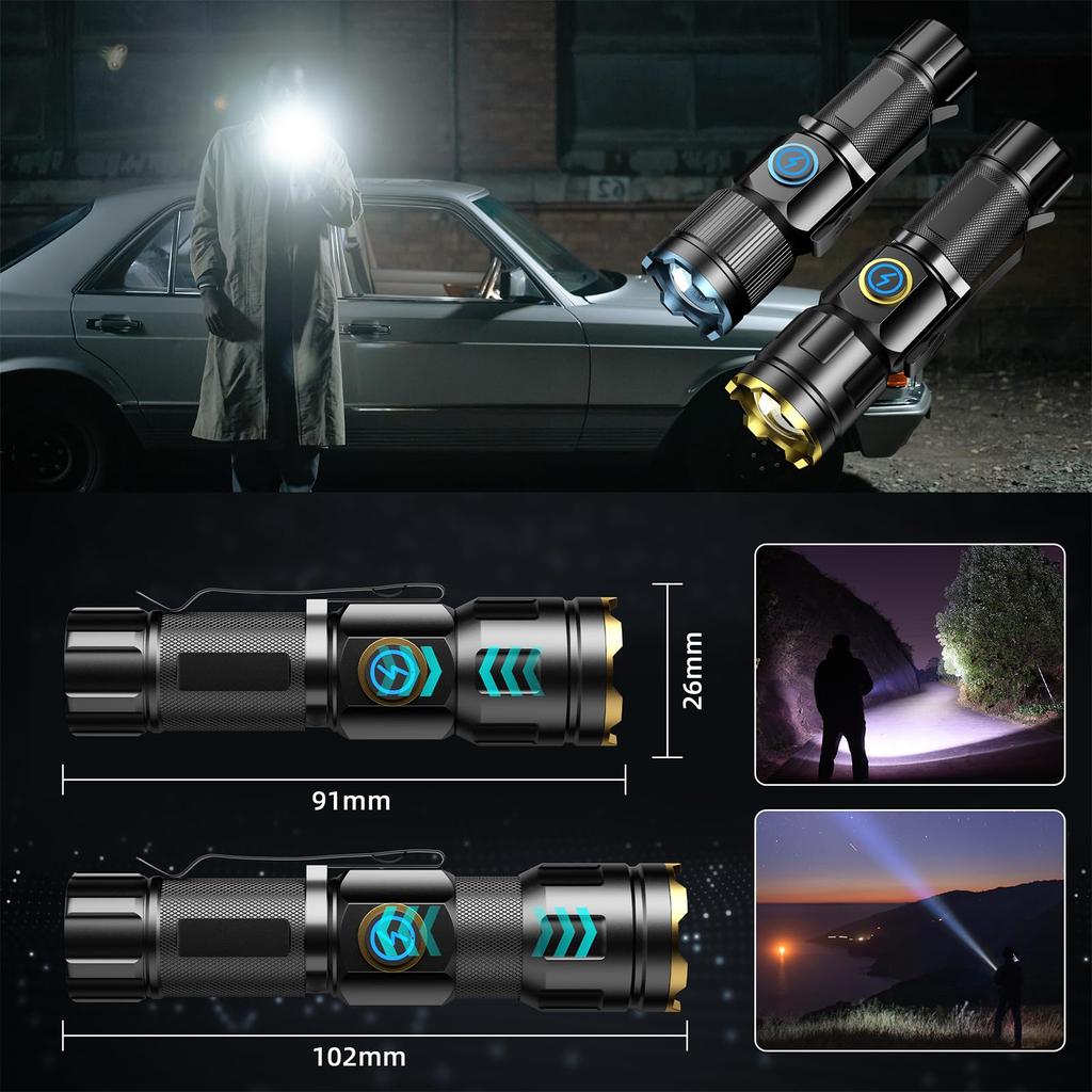 Powerful LED Flashlight with 2025 Latest USB Focused LED Battery Handheld Adjustable Mini 5 IPX7 Outdoor EDC Flashlight for Disaster Military Power