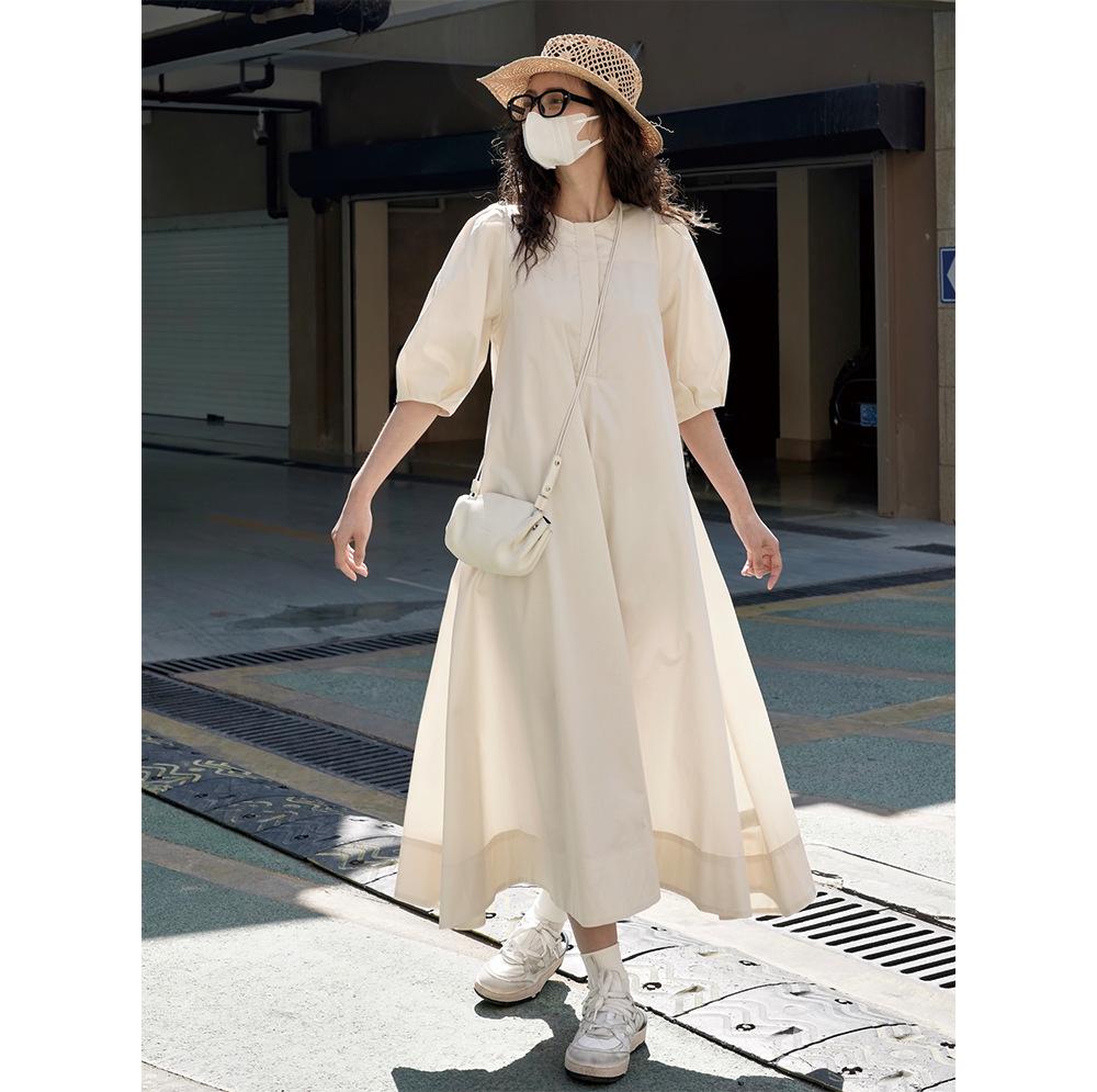 Johnature Summer Korean Version Lazy Vacation Style Puff Sleeve Dresses Casual Simple Loose Straight Long Dresses Women