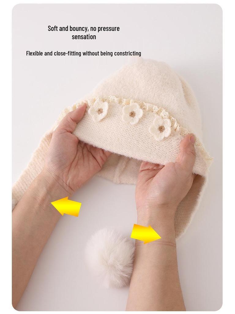 Cozy Floral Knit Wool Hat with Ear Protection for Baby Girls - Autumn/Winter