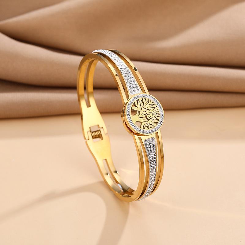 316L Stainless Steel Mud Crystal Micro Embedded Spring Hollow Life Tree Bracelet Women's Bangle