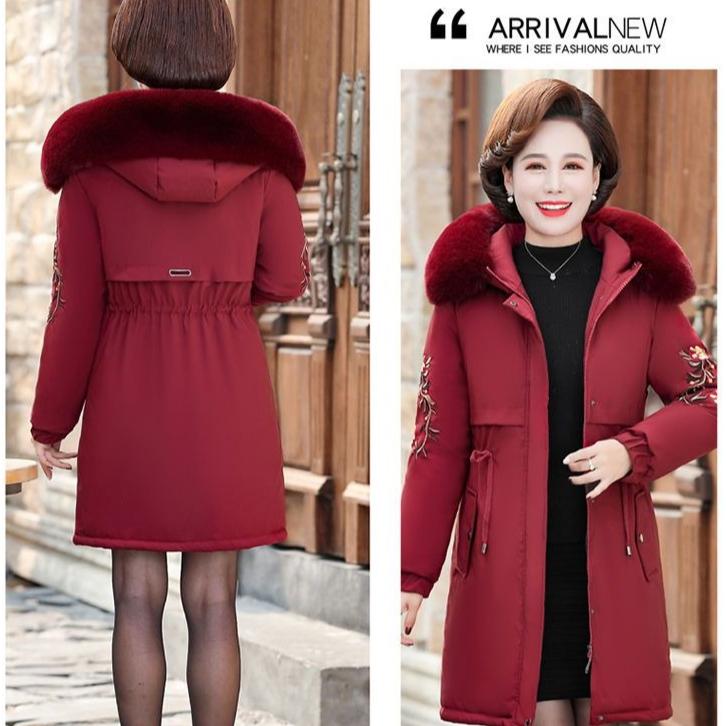 Women's Winter Fleece Padded Jacket Thick Warm Mid-Length Embroidered Hooded Padded Coat