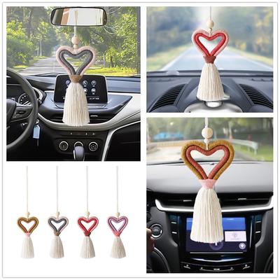 1 Adet Boho Kalp Araba Dikiz Aynası Asılı Ahşap Boncuk Örgüler Duvar Dekoru Asılı Renkli El Yapımı Dokuma Araba Süsü