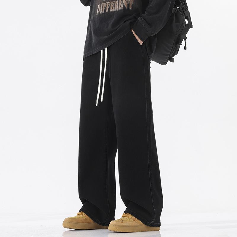 Herren Japanischer Stil Helle Farbe Weite Beine Kordelzug Jeans mit Elastischem Bund, Lockere Gerade Passform, Bodenlang Lässige Trendige Hose