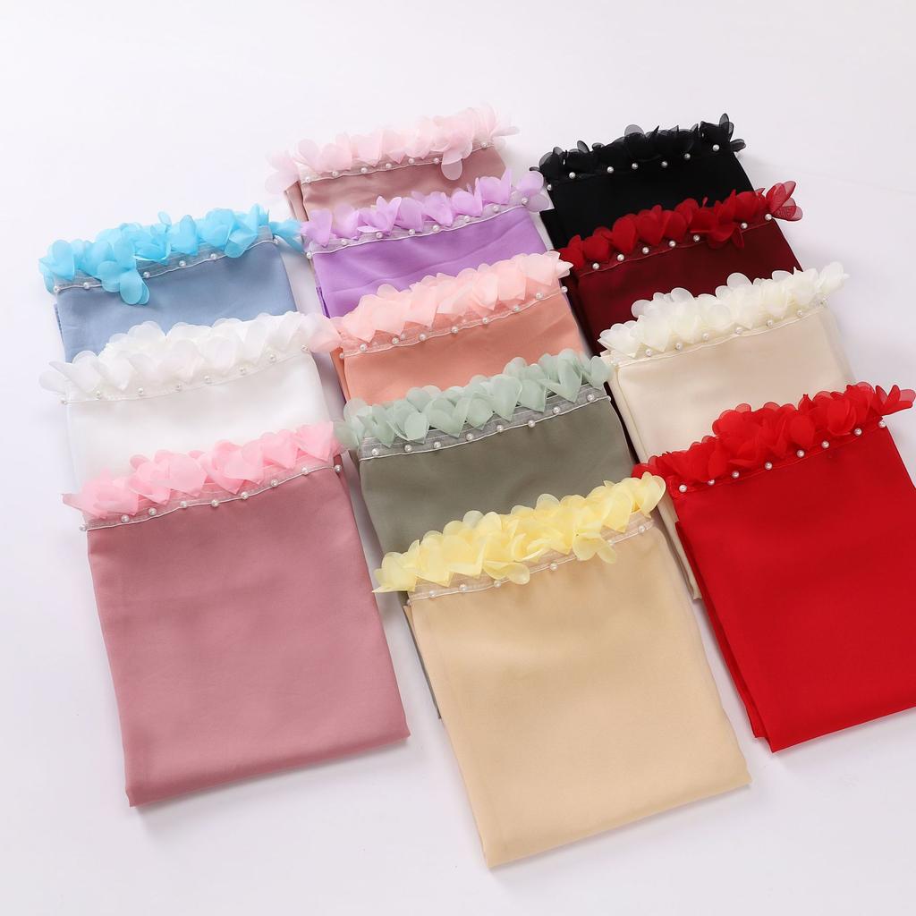 Fashion Bubble Pearl Chiffon Scarf Flower Beads Hijab Muslim Women Headscarf Turban Shawl Wrap Islam Veil Stoles Scarves Bufanda