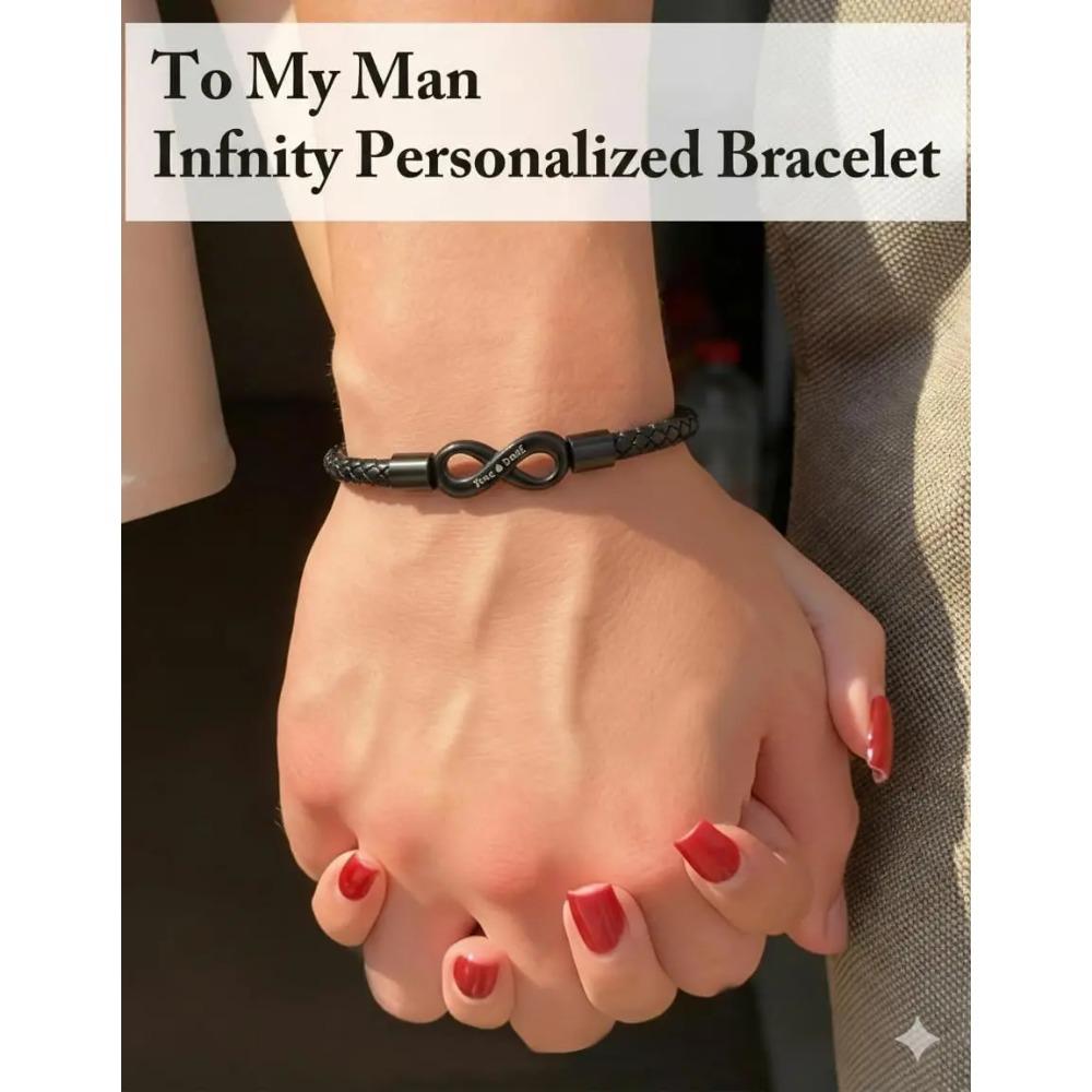 To My Man,Personalized Dual Name Infinity Leather Bracelet,Custom Name Stainless Steel Bracelet Valentine Christmas Gift for Him