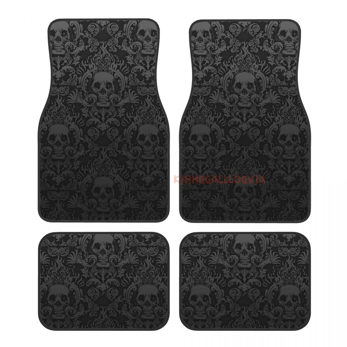 Goth Gothic Schwarzer Totenkopf 4 STK Kristall Samt Auto Fußmatten Set aus Vieren Schmutzabweisende Auto Fußmatten Teppich Anti-Rutsch Auto Fußmatten 14.9x10x5inch schwarz
