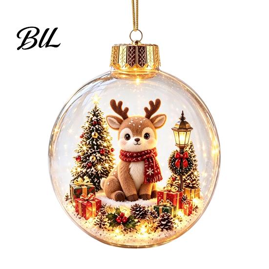Holiday Tree Decorations Glowing Christmas Story Ornament, Mini Scene In Ball with Warm LED Desktop Ornaments Light, 3D Clear Acrylic Hanging