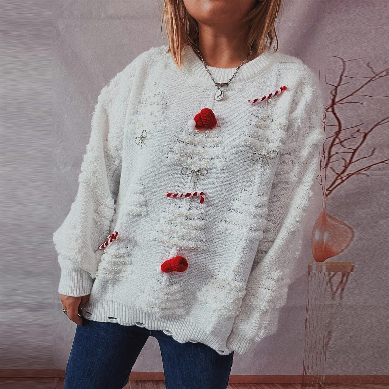 

Solid color handmade pearl Christmas three-dimensional decoration plush New Year sweater Christmas sweater 3612 EMA XL білий