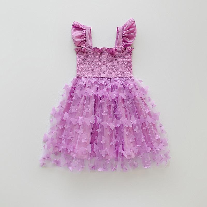 3D Butterfly Mesh Puff Sleeve Girls' Dress - 2025 Summer Smocked Waist Baby Princess Style