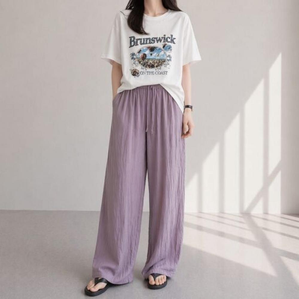 Mizqz Women Wide Crinkle Color Block Pants Summer Long Pants
