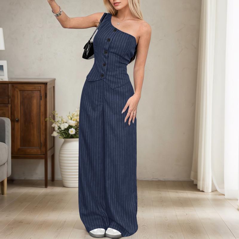 

ZANZEA Женские полосатые костюмы Блузка с открытыми плечами и брюки Модные комплекты из двух предметов S