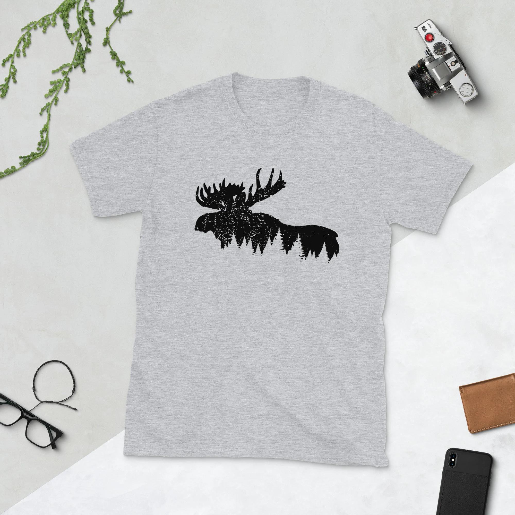 

Best Selling Fashion Summer Moose and Forest Graphic, Unisex T-Shirt, Wilderness Tee, Outdoor Tee, Moose Shirt, Rustic Men Tee 4XL