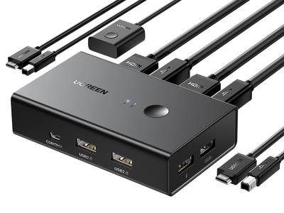 UGREEN HDMI KVM 2 1 Udostępnia i Monitor dla Dwóch USB 4 HDMI Bez Sterowników Łatwy Ręczny Przełącznik Kabel USB w Zestawie Przełącznik, Wejścia, Wyjście, Klawiatura, Mysz,