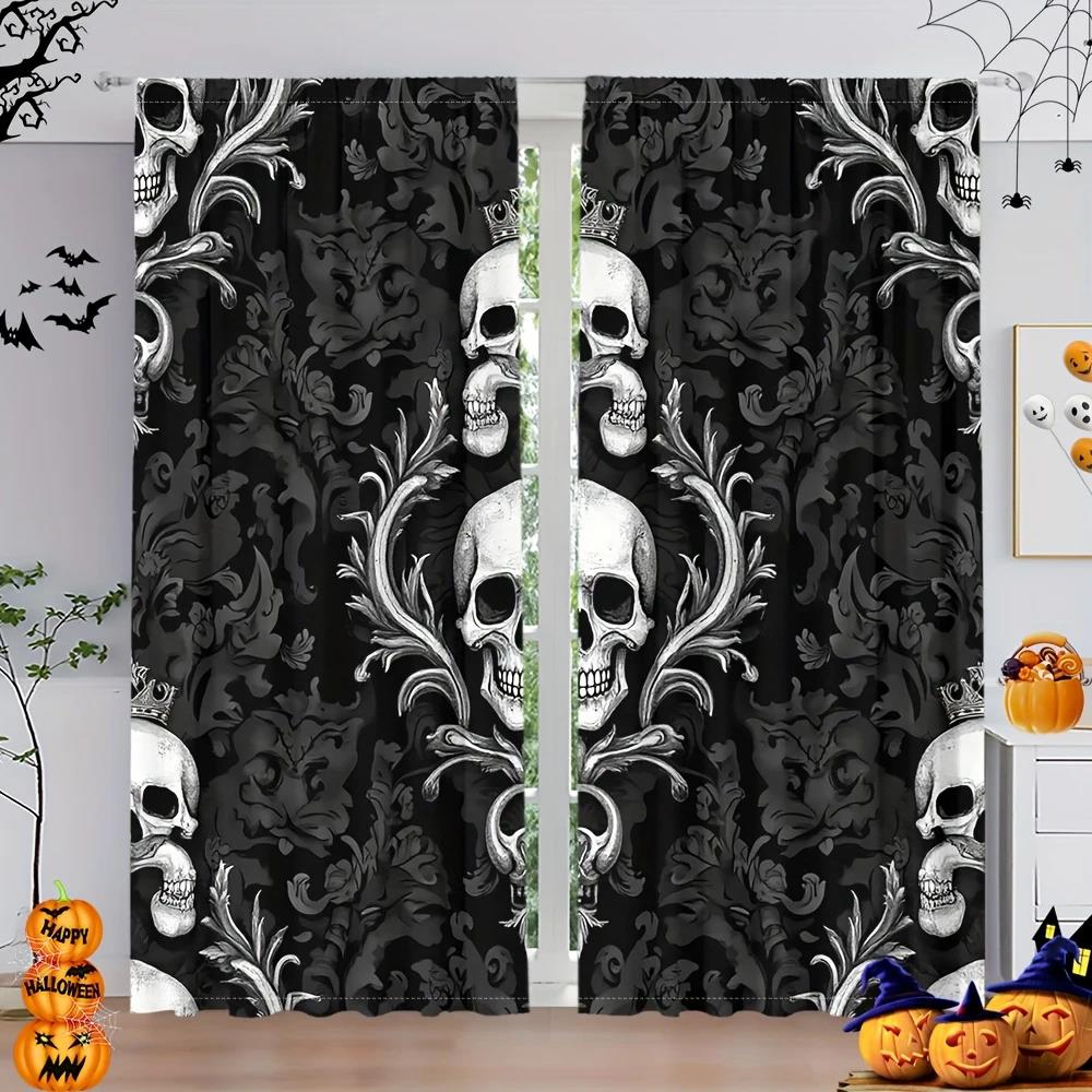2 st- Halloween Gotiska gardiner med dödskallemönster, stångficka heminredning, rumsdekorationer