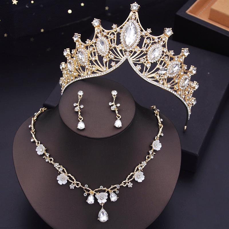 Baroque Tiaras Gold Color Red Crown Necklace Earring Sets Wedding Bridal Jewelry Set Prom Costume Accessories