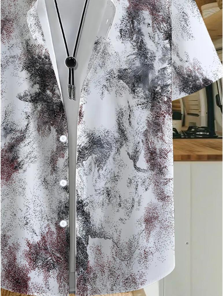 Hawaiian Tropical Ink Print Men'S Casual Shirt - Short Sleeve Button Design, Suitable for Outdoor And Leisure Wear In Summer
