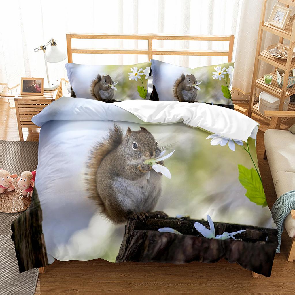 Squirrel Duvet Cover Set Cute Wild Animals Polyester Comforter Cover With Pillowcase For Kids Teen Bedroom Decor King Queen Size