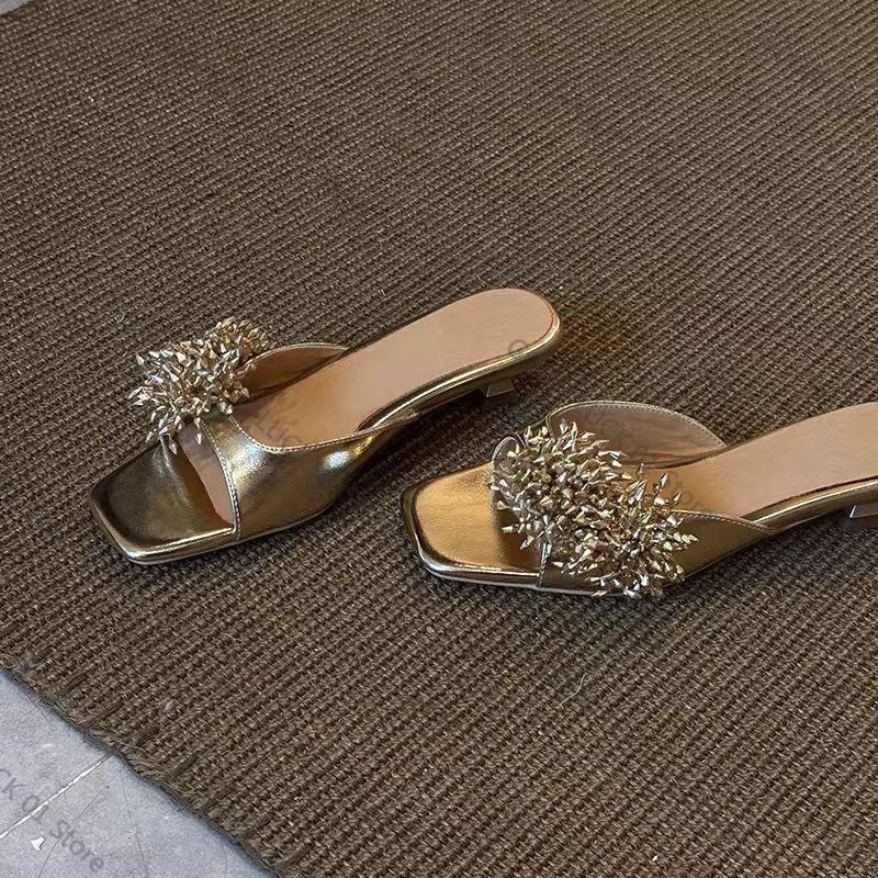 Fashion 2025 Gold Rhinestone Flower Sandals and Slippers Women's Summer New Fashion Temperament Square Toe Open Toe Stiletto Slippers