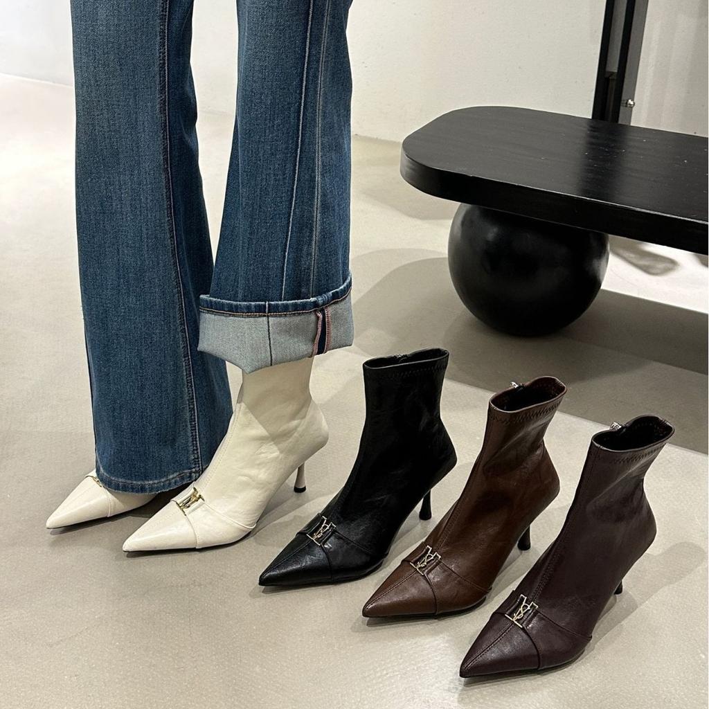 2025 autumn and winter new brown pointed metal buckle high heel thin boots women's soft leather short boots