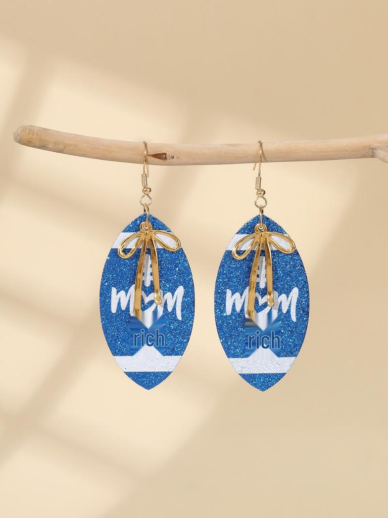 European-American Super Bowl Sporty PU Leather Football Earrings with Alloy Bowknot