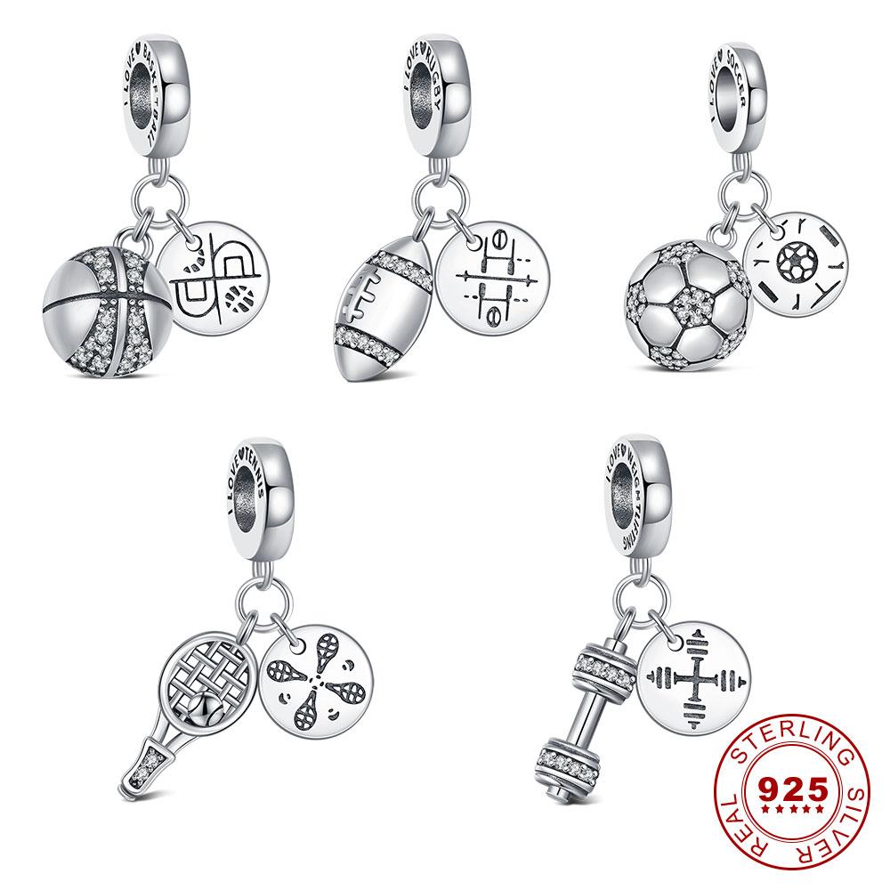 Charms Copper Sports Series Pendant Football Volleyball Tennis Basketball Dumbbell Beads For Original Bracelet Diy