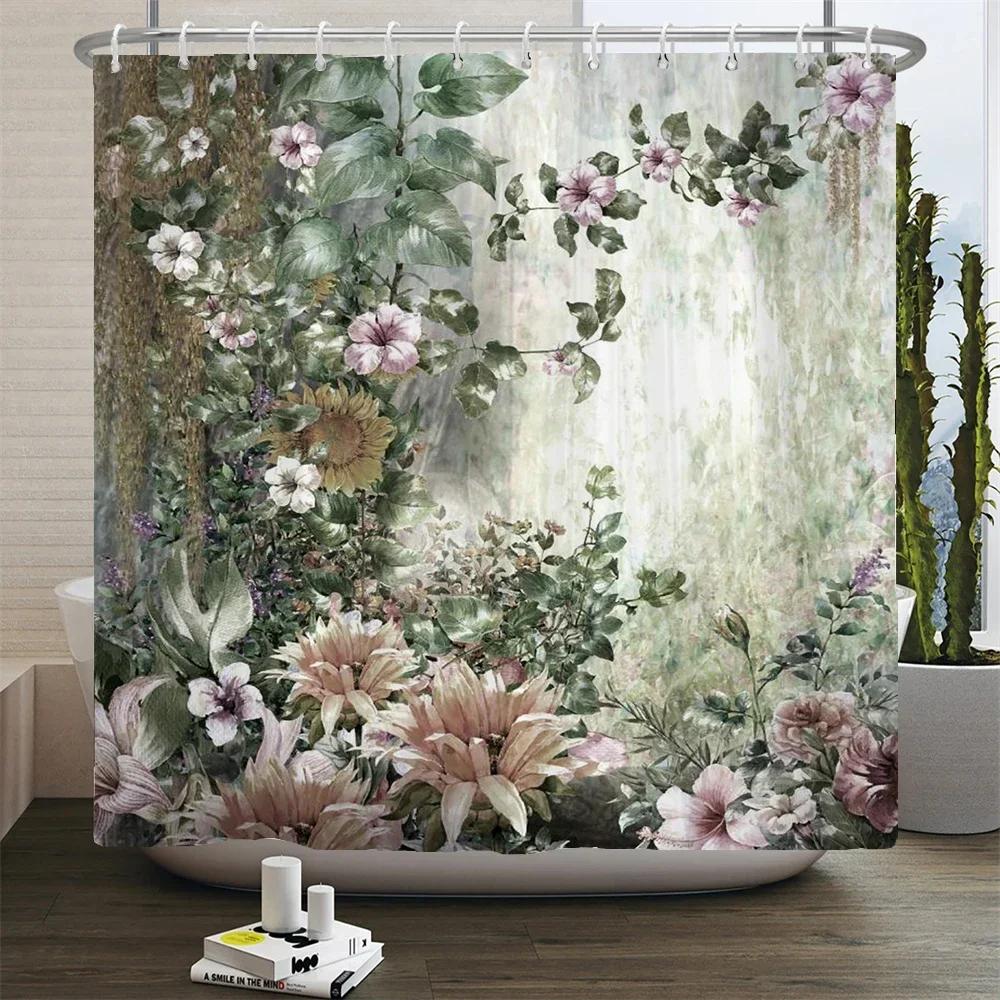 Retro Blooming Flowers Shower Curtains Bathroom Curtains Waterproof Polyester Bath Curtain with 12 Hooks Shower Curtain