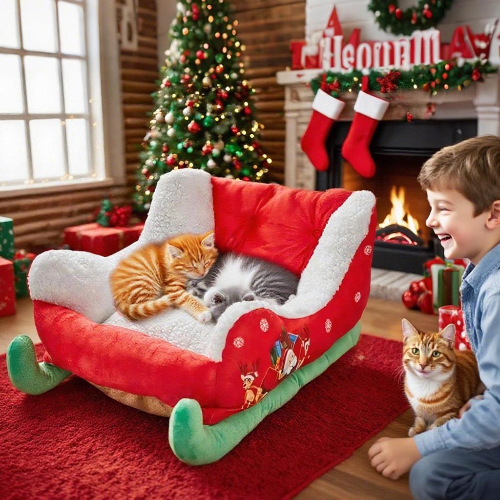 68x38x28cm Christmas Sleigh Pet Bed Festive Plush Cozy Nest Insulated for Cat Dog Xmas Holiday Kitten Calming Puppy Sleeping