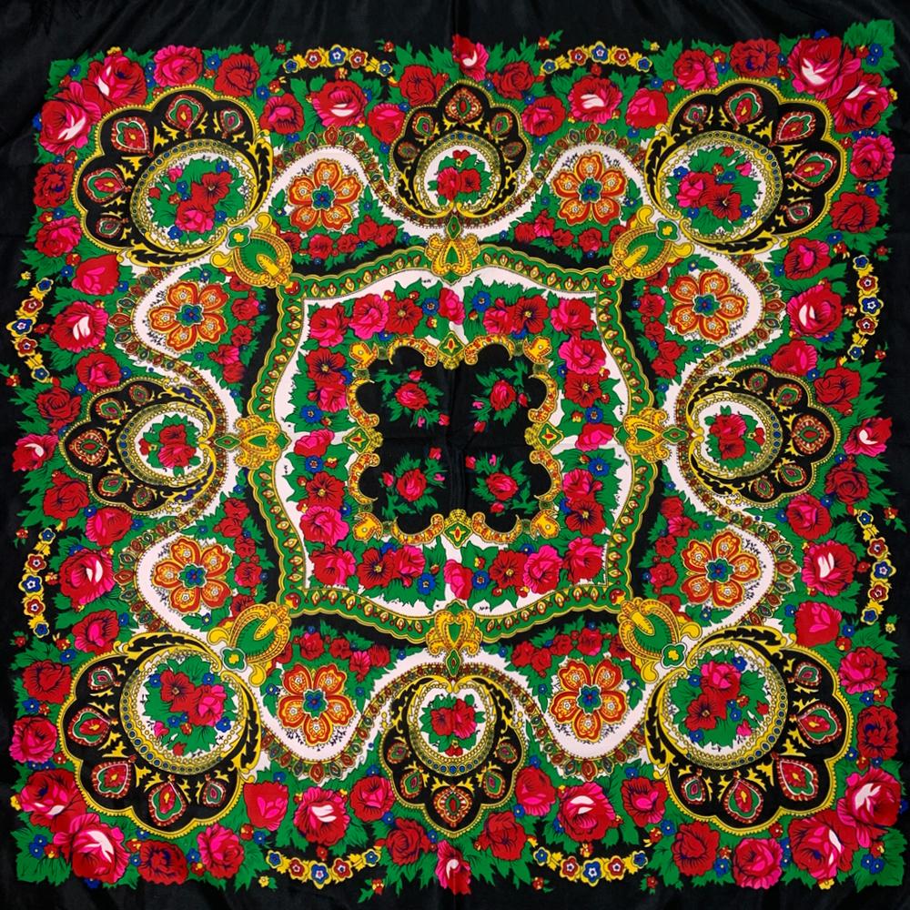 135*135Cm Russian National Square Scarf Women Luxury Floral Print Bandana Scarves Ukrainian Fringed Shawl Travel Sunshade Wraps