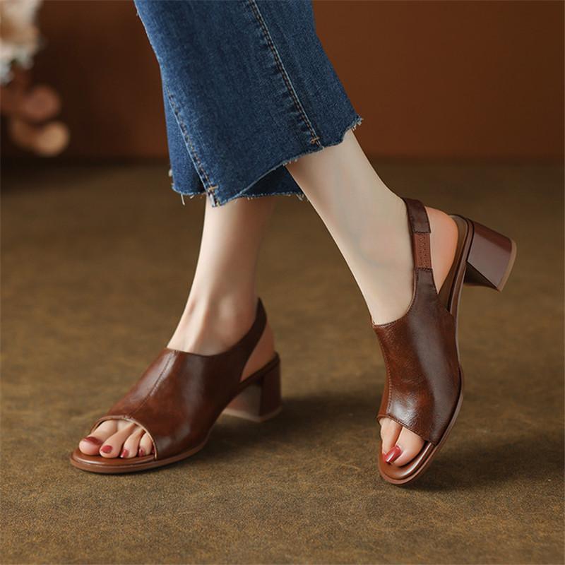 Fashion New Split Leather Summer Sandals Round Toe Sandals for Women High Heels Fashion Retro Chunky Heels Sandal Ladies Shoes Women