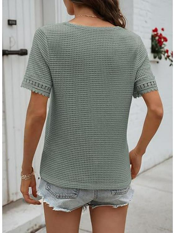 2026 Women's Casual V-neck Short-Sleeved Waffle Knit Top with Lace Patchwork