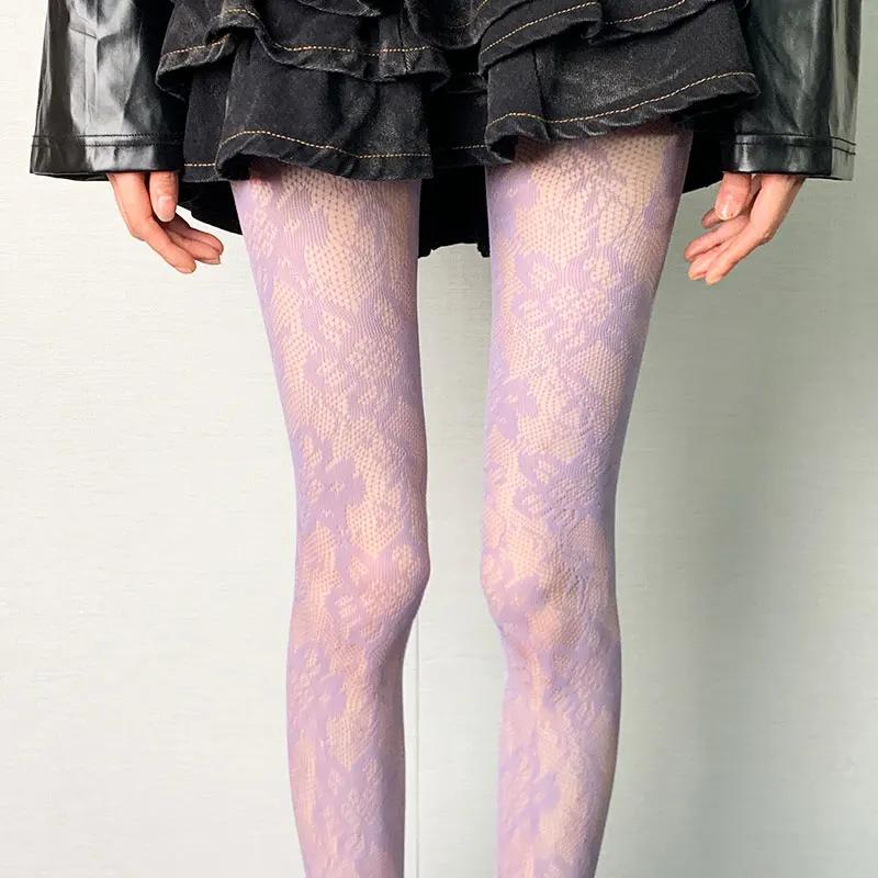Damen Florale Spitze Strumpfhosen Sommer Netz Sexy Ausgeschnitten Dünn Und Atmungsaktiv Retro Punk Y2K Strumpfhosen Individuelle Fishnet Strümpfe One Size gray