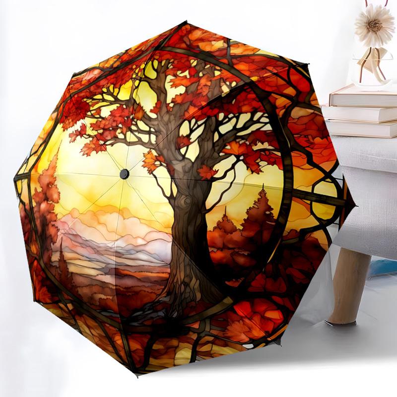 1pc Autumn Tree Stained Automatic Umbrella - Stylish, Durable, with 8-Rib Manual Open Design, Elegant Black Handleyy250920143