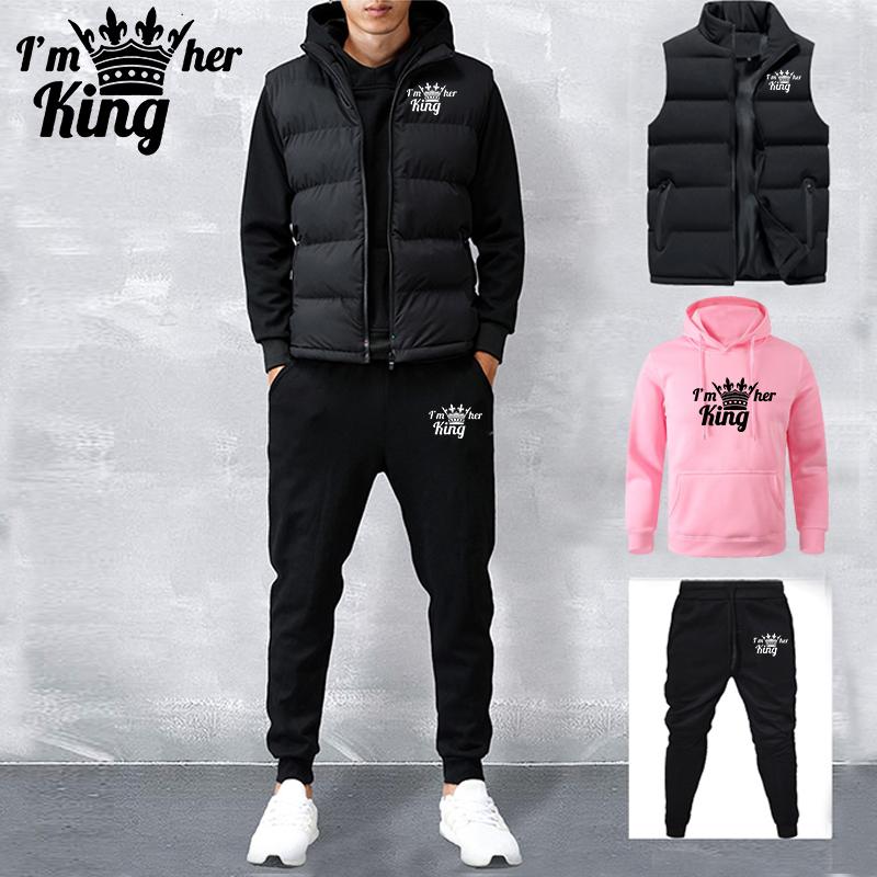 Men's Tracksuit New Autumn and Winter Solid Color  Printed Hoodie + Vest + Pants Three-piece Set Couple Casual Sportswear