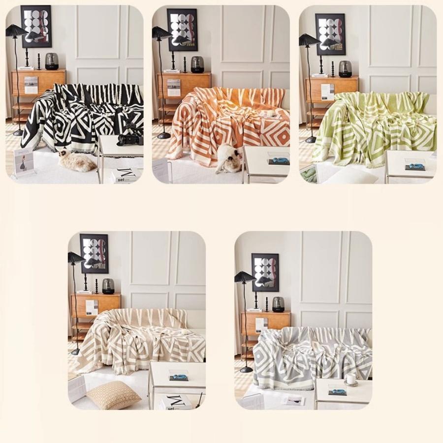 Boho Style Chenille Sofa Towel with Tassels, Double-side, for Living Room Camping Picnic Large Blanket Leisure Relax Beach Towel