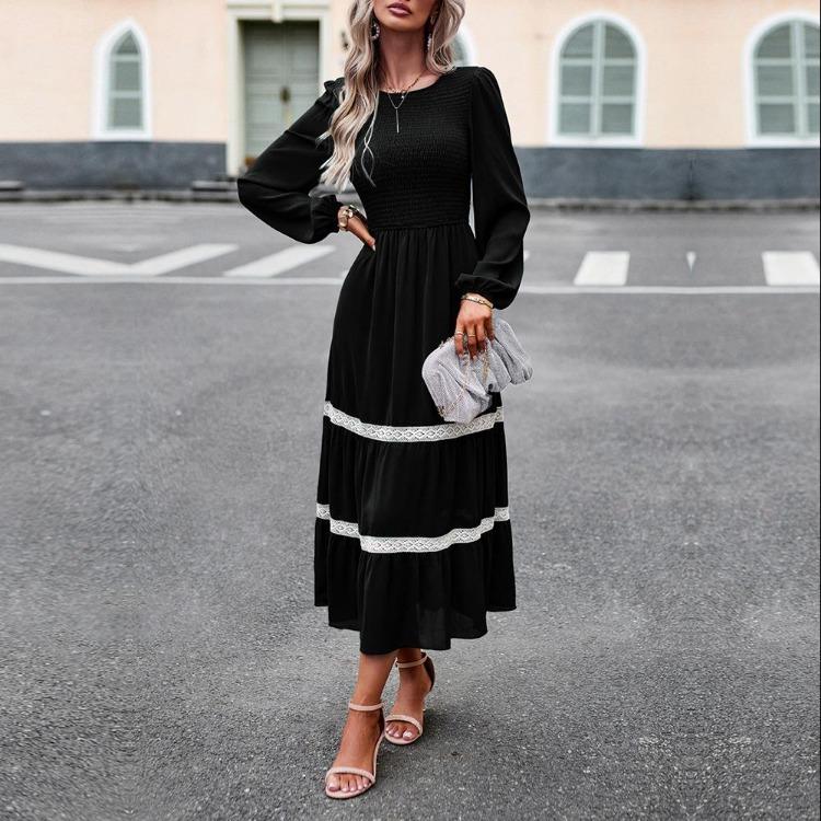 Elegante Vestido Largo para Mujer Cintura Alta Color Sólido Cuello O Manga Larga Otoño Invierno