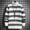Men's Autumn and Winter Warm Striped Pullover Knit Sweater High Neck Casual Pullover Long Sleeve Sweater