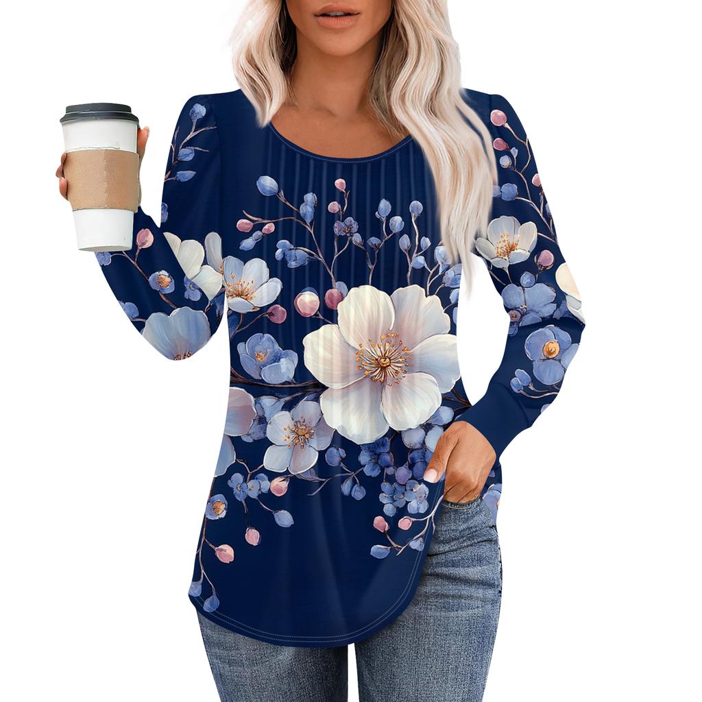 Damenmode Lässig Plissiert Rundhals Vintage Blumendruck Langarm T-Shirt Top